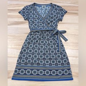 Max Studio Short Sleeve Moroccan Print Faux Wrap Dress - Blue / Yellow, Size S